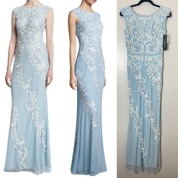 NWT AIDAN MATTOX DRESS 4 GOWN BEADED PEARL LONG MAXI BLUE WHITE FORMAL EVENING - Picture 1 of 16